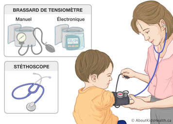 Des brassards de tensiomètre manuel et électronique et un stéthoscope