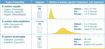 Un tableau avec les types d’insuline, leur aspect et les délais d’action après l’injection de chacun